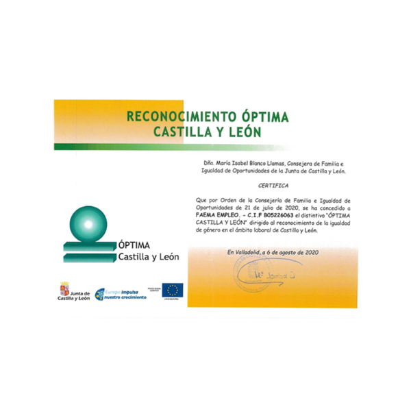 Distintivo Óptima. JCYL. Consejería de Familia e Igualdad de Oportunidades
