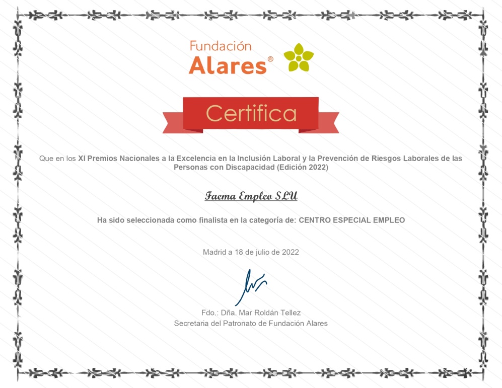 XI Premios Nacionales a la Excelencia en la Inclusión Laboral y la Prevención de Riesgos Laborales de las Personas con Discapacidad en la categoría de Centros Especiales de Empleo, Fundación Alares